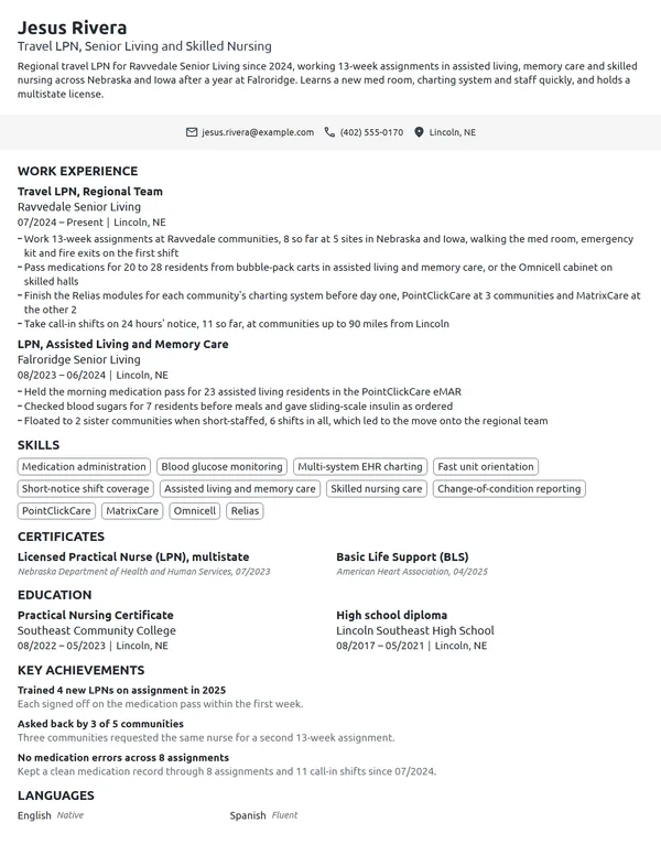 Travel LPN resume example