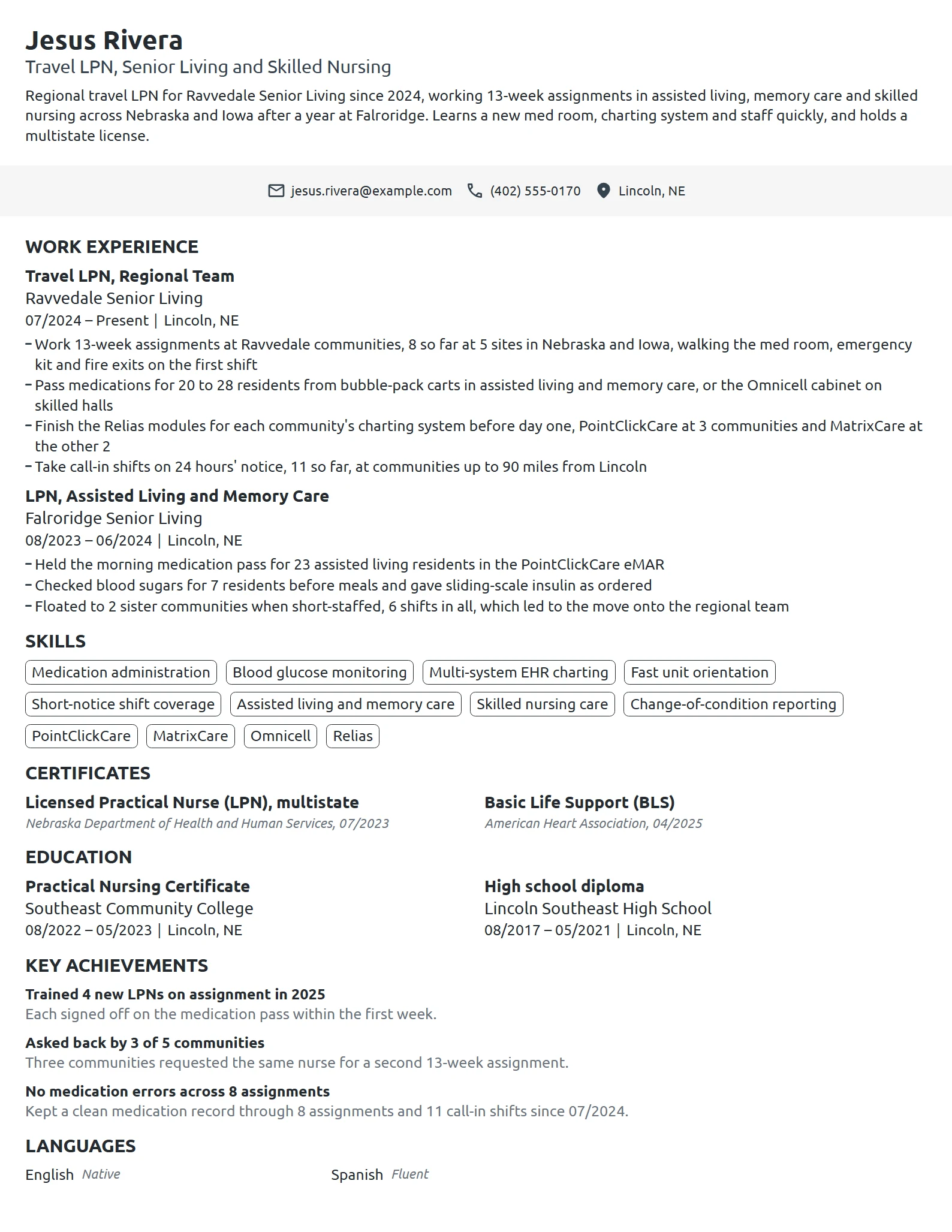 Travel LPN resume example
