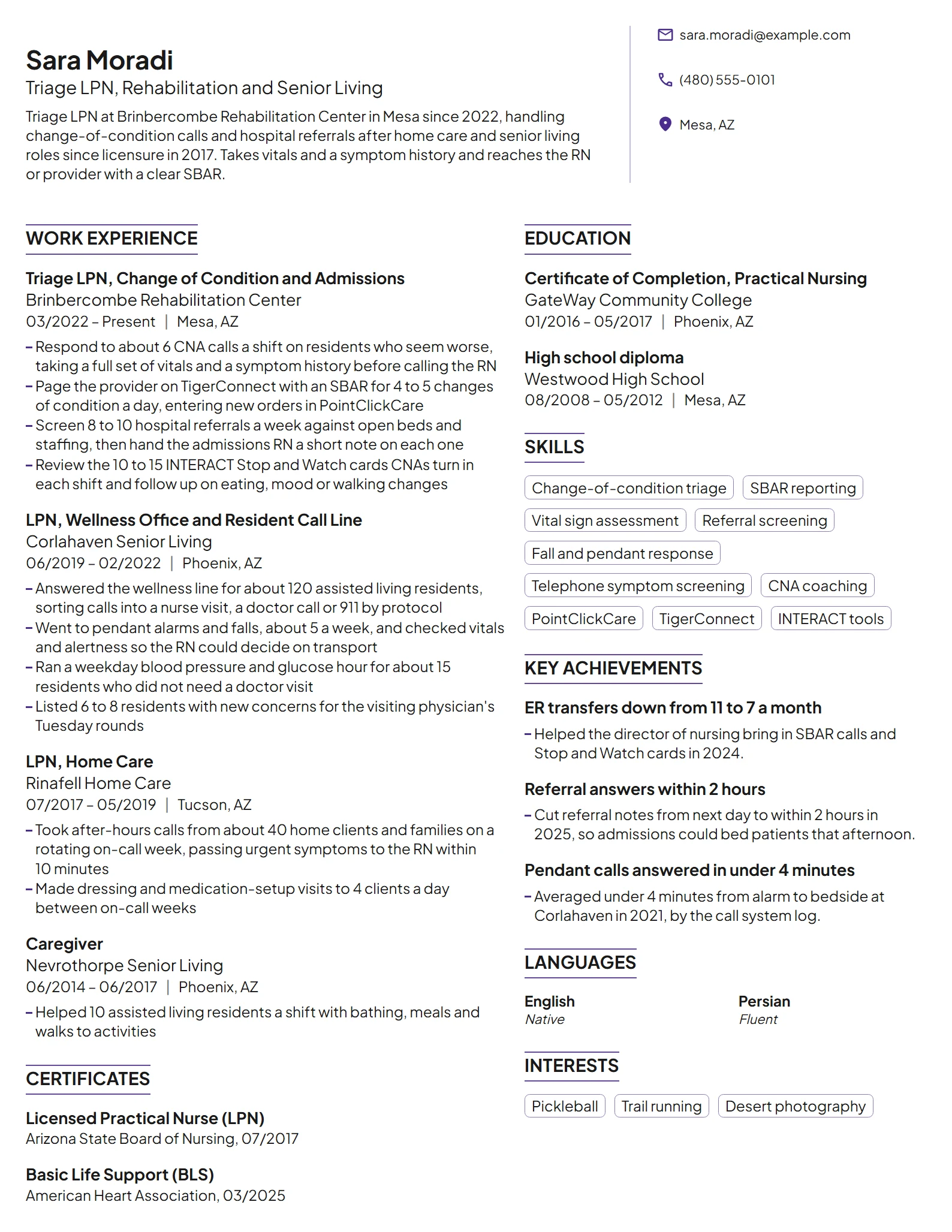 Triage LPN resume example