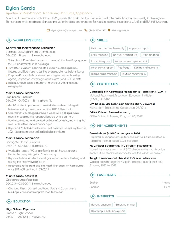 Apartment Maintenance Technician resume example
