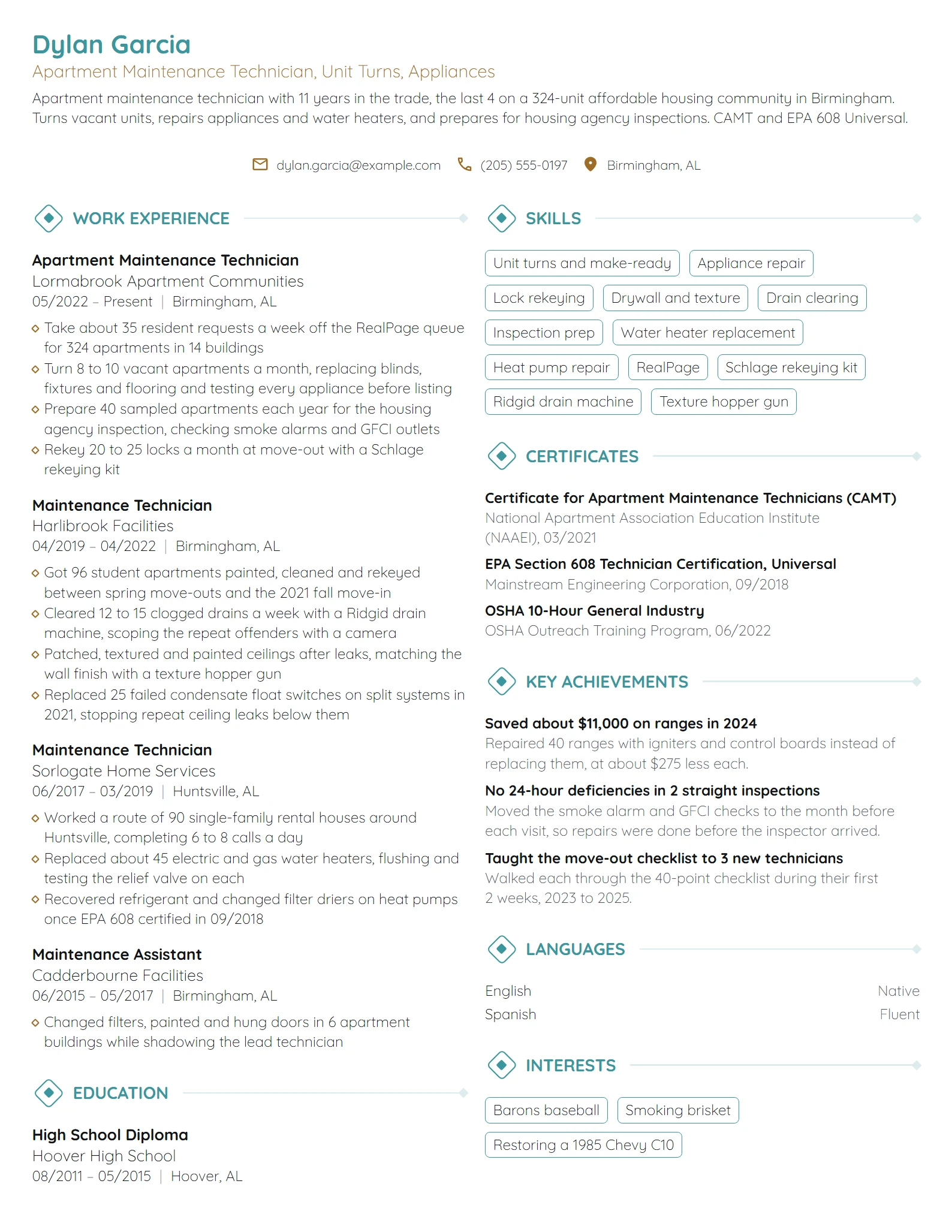 Apartment Maintenance Technician resume example