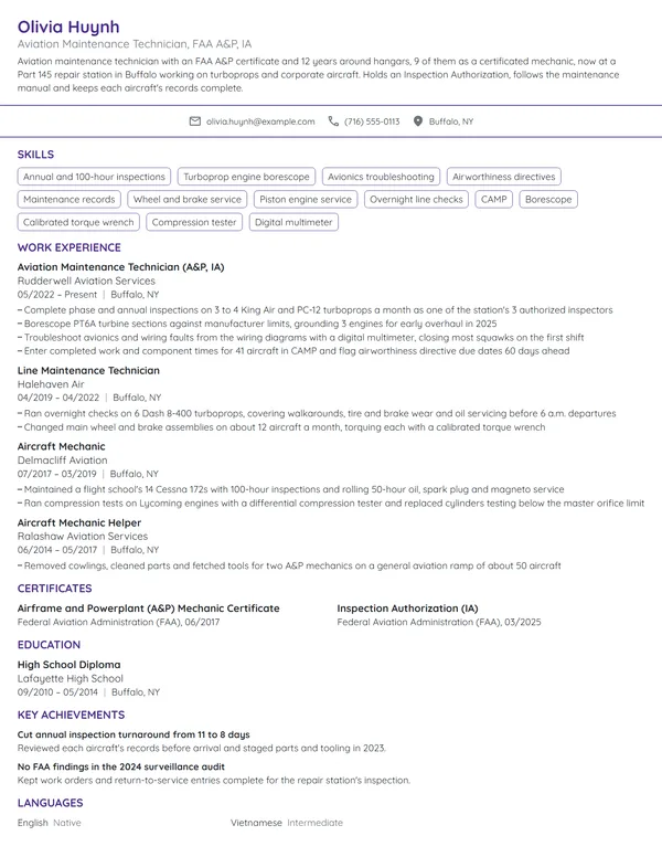 Aviation Maintenance Technician resume example