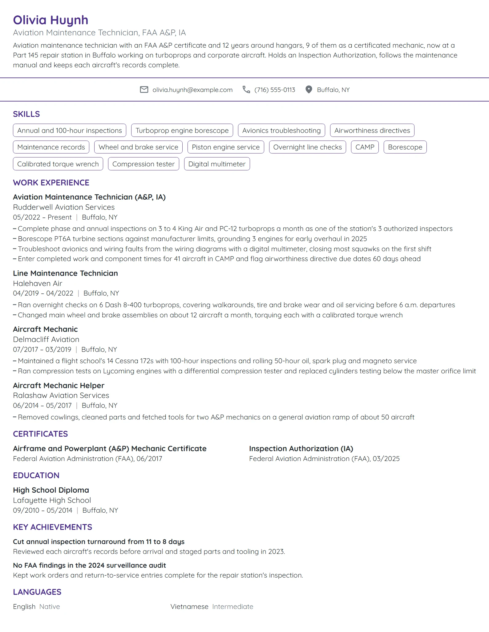 Aviation Maintenance Technician resume example