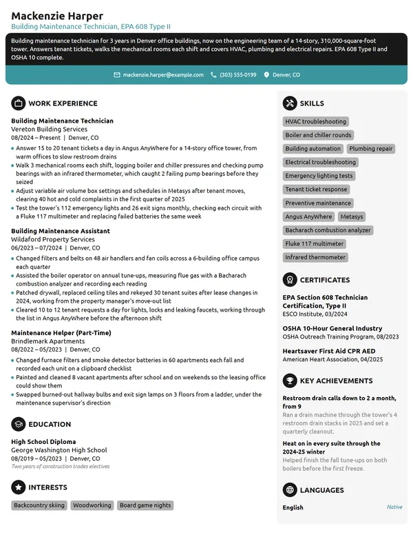 Building Maintenance Technician resume example