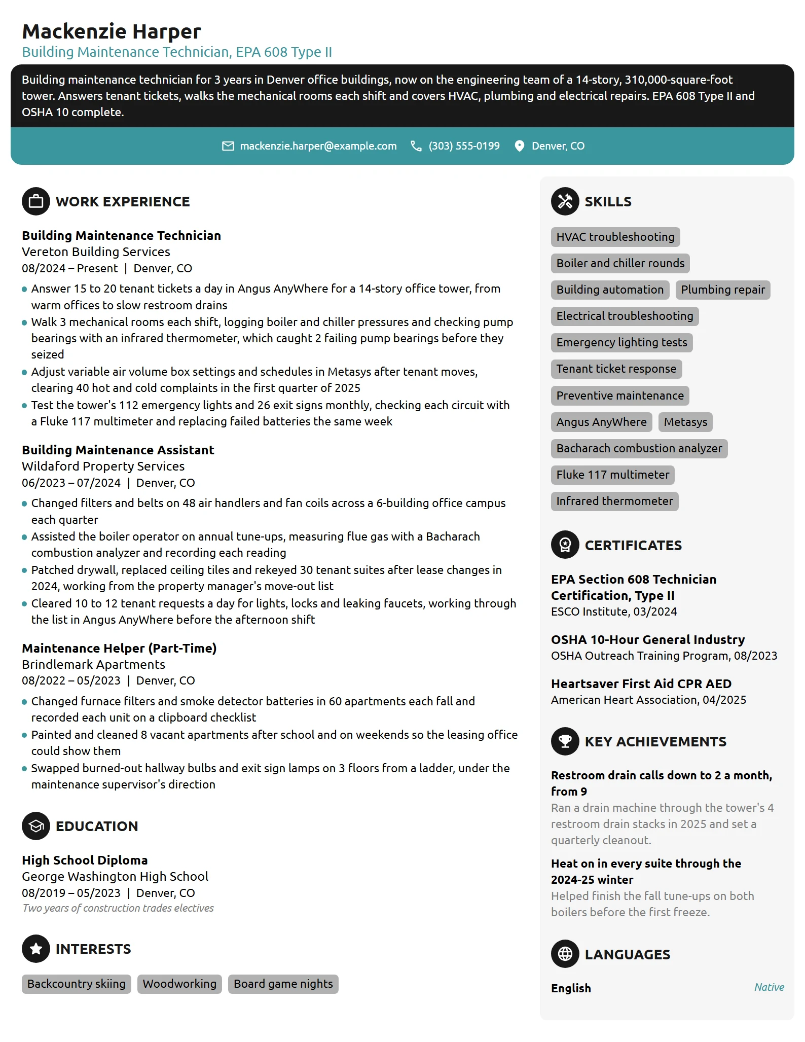 Building Maintenance Technician resume example
