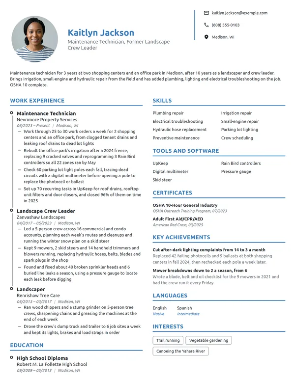 Career Change Maintenance Technician resume example