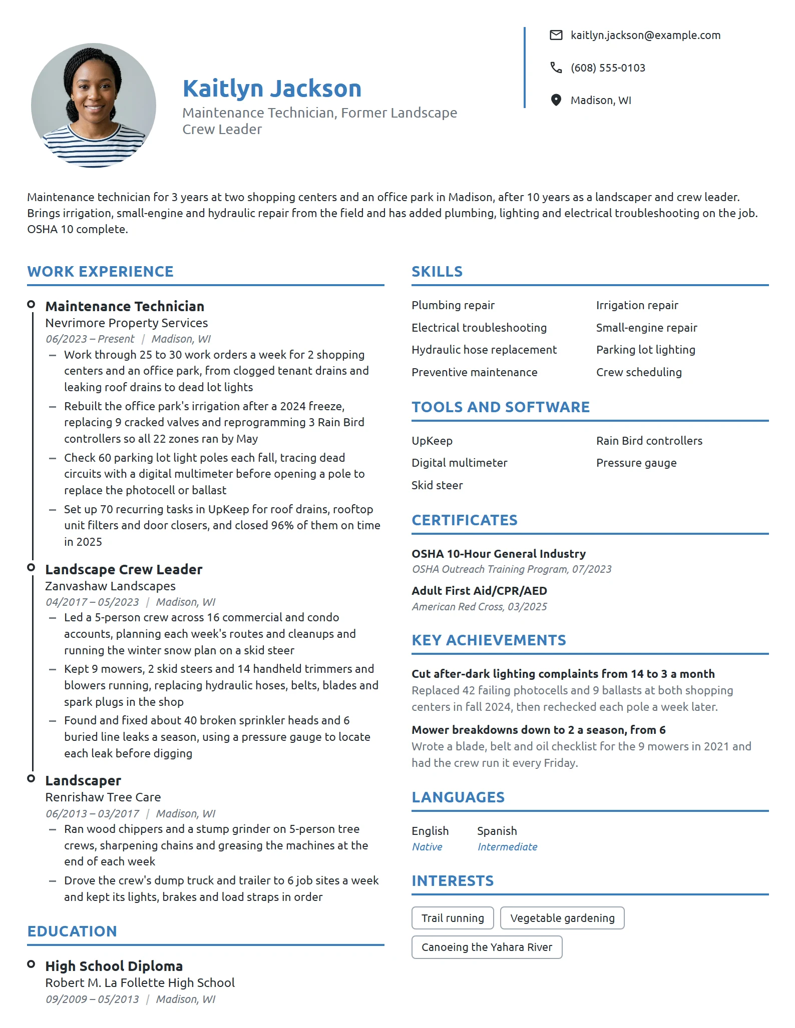 Career Change Maintenance Technician resume example