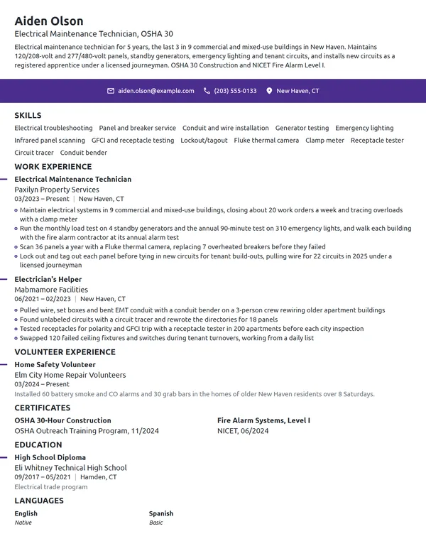 Electrical Maintenance Technician resume example