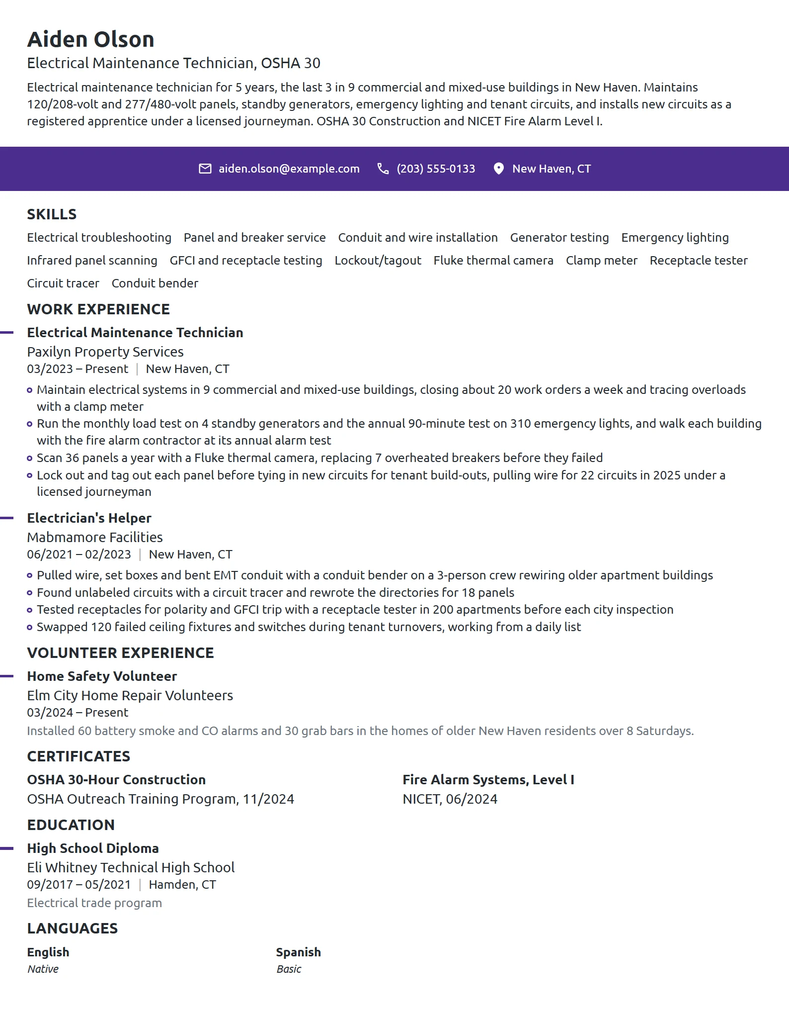 Electrical Maintenance Technician resume example