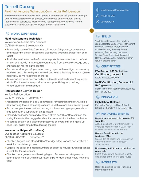 Field Maintenance Technician resume example