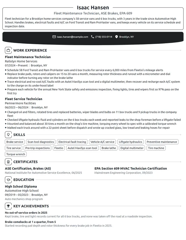 Fleet Maintenance Technician resume example