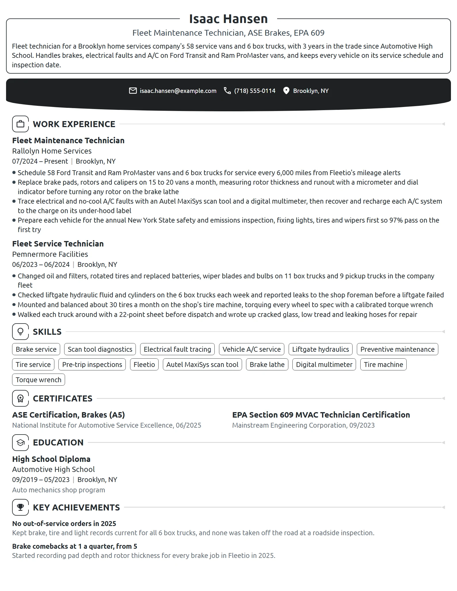 Fleet Maintenance Technician resume example