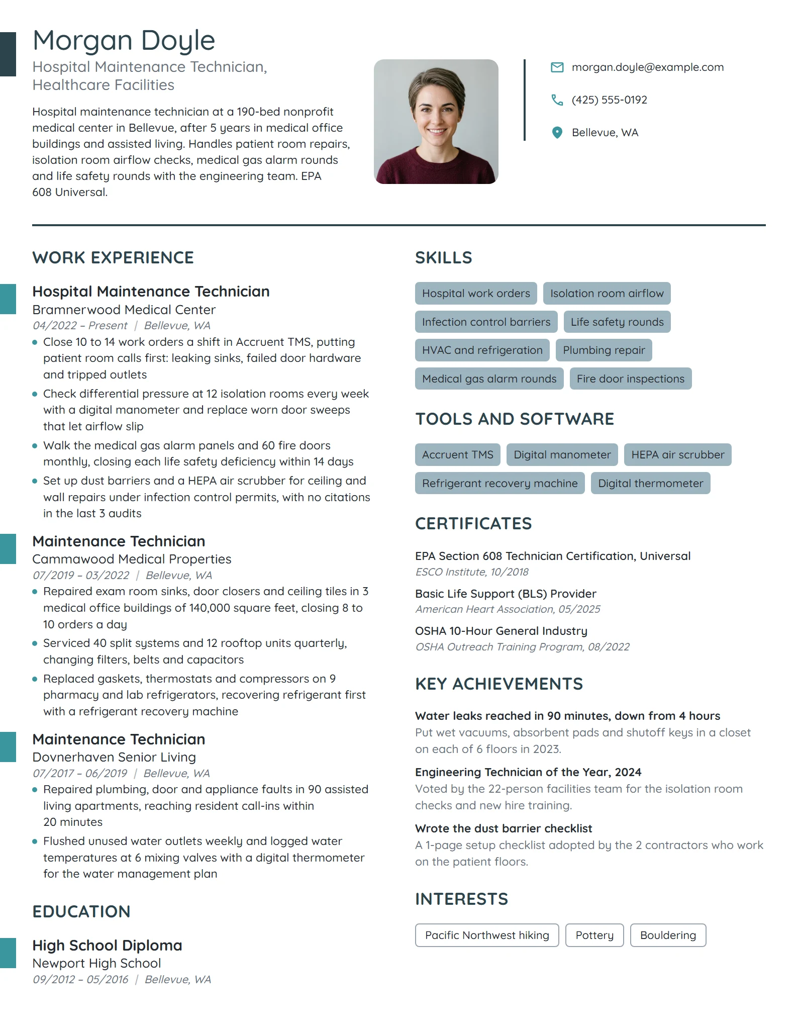 Hospital Maintenance Technician resume example