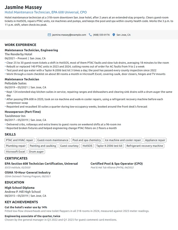 Hotel Maintenance Technician resume example