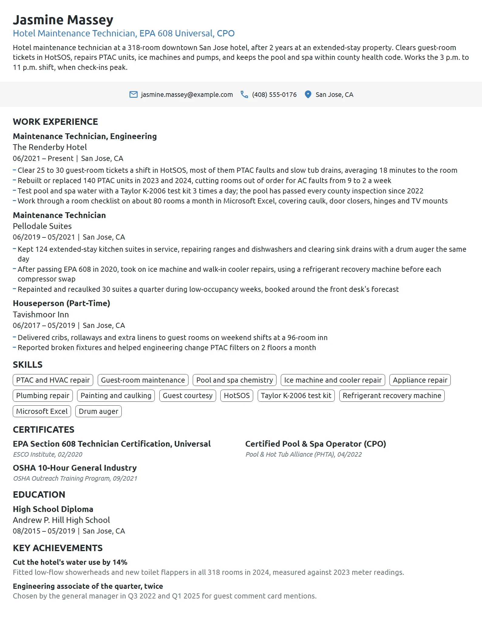 Hotel Maintenance Technician resume example