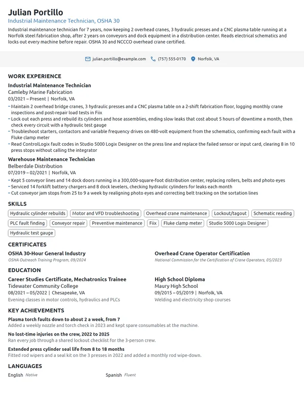 Industrial Maintenance Technician resume example