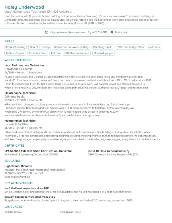 Lead Maintenance Technician resume example