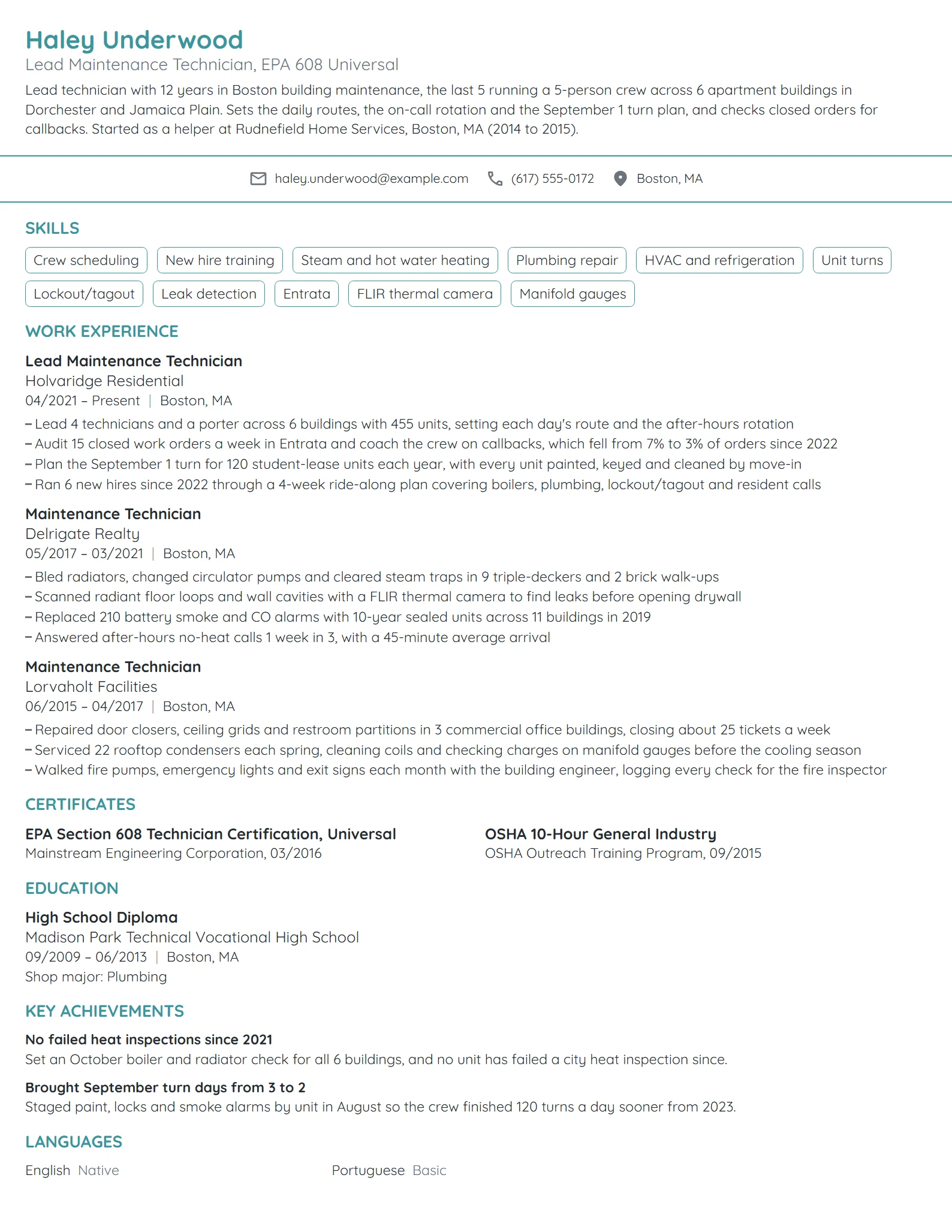 Lead Maintenance Technician resume example