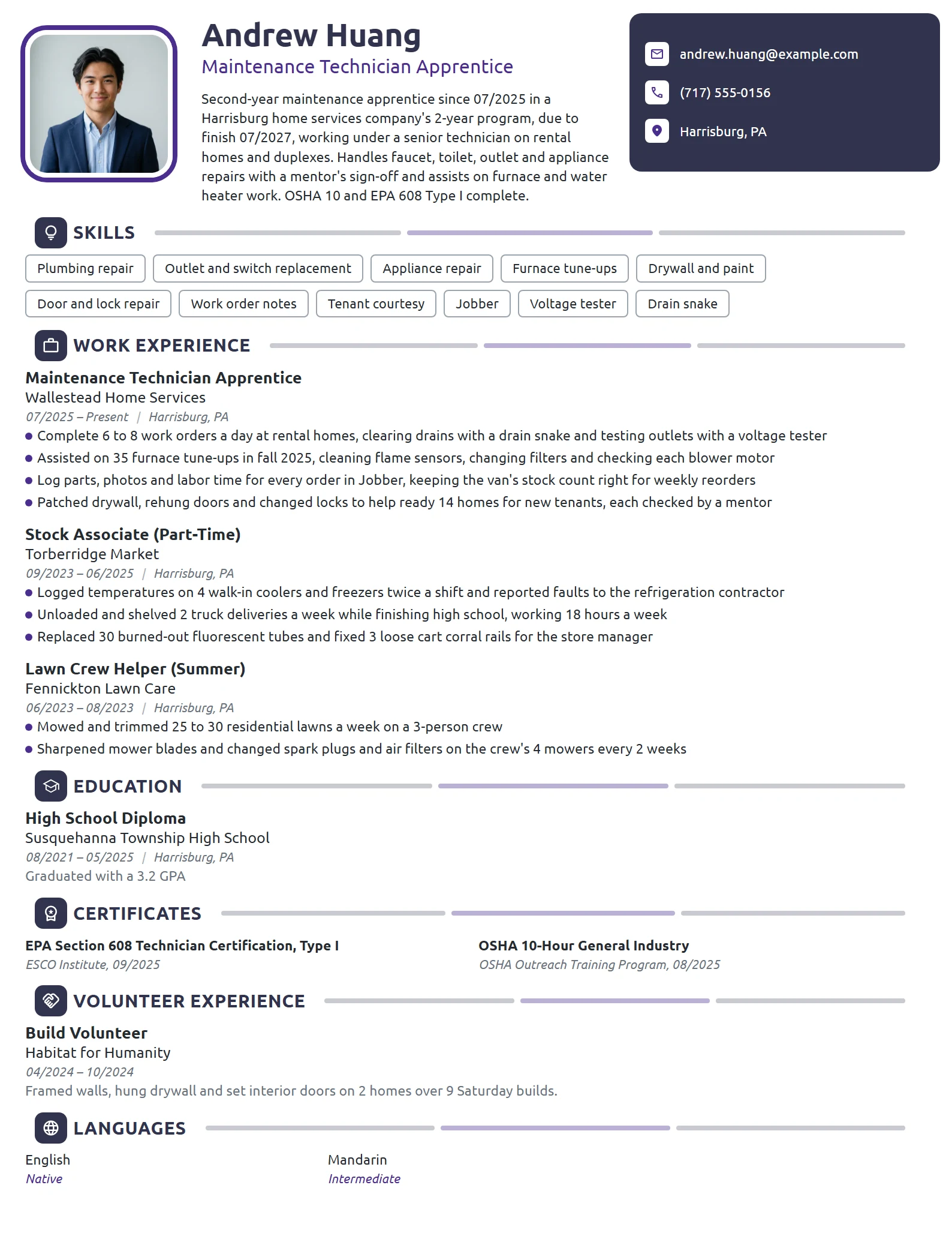 Maintenance Technician Apprentice resume example