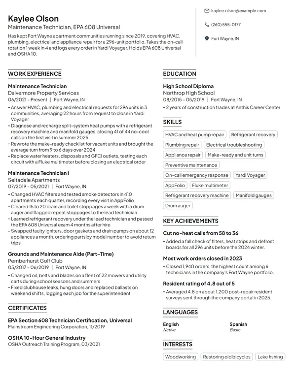 Maintenance Technician resume example
