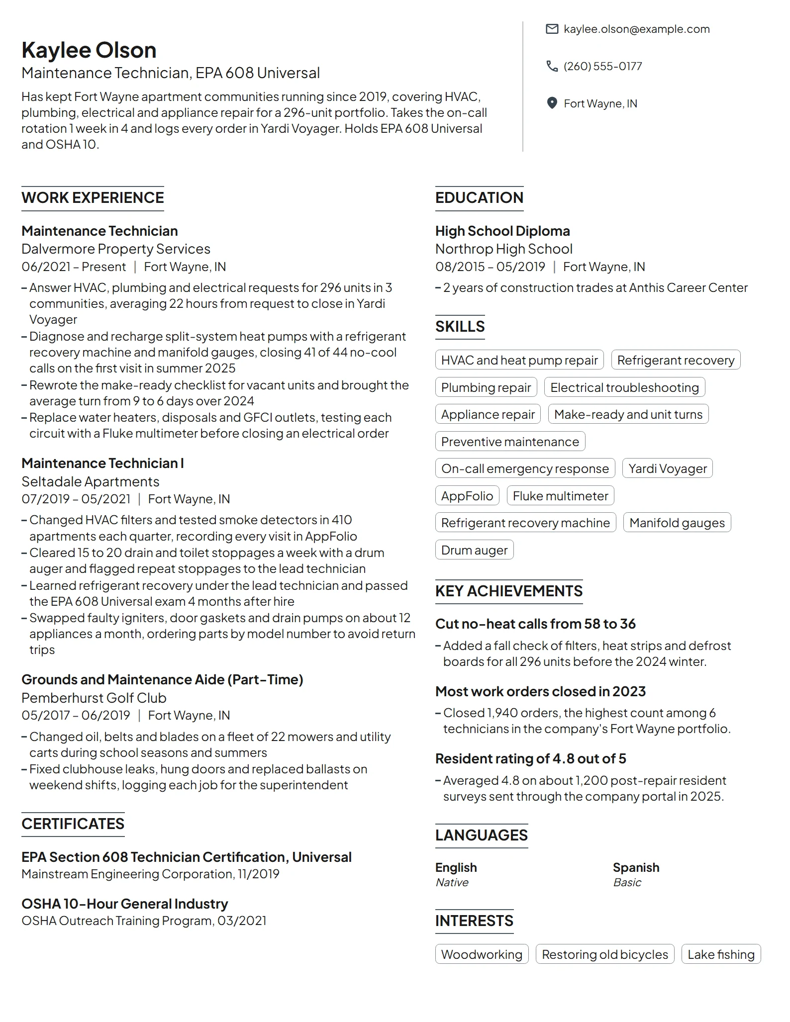 Maintenance Technician resume example