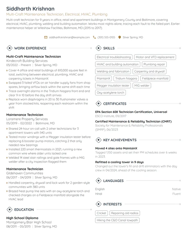 Multi-Craft Maintenance Technician resume example