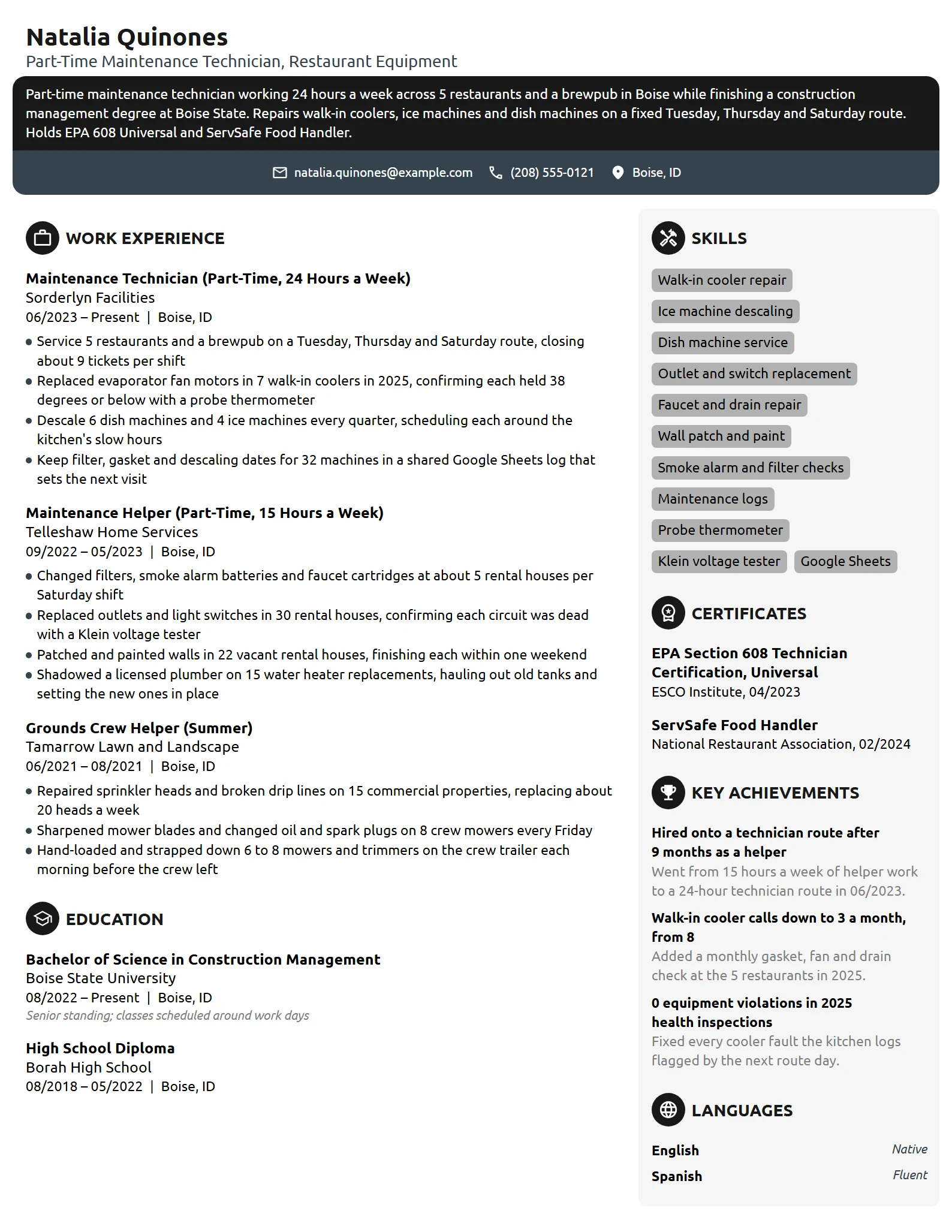 Part-Time Maintenance Technician resume example