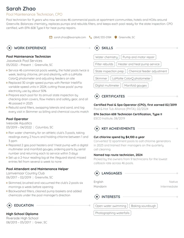 Pool Maintenance Technician resume example