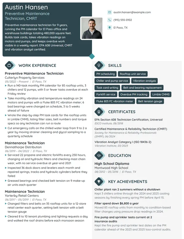 Preventive Maintenance Technician resume example