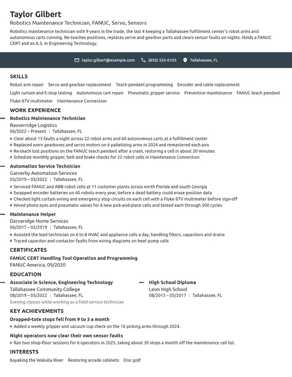 Robotics Maintenance Technician resume example