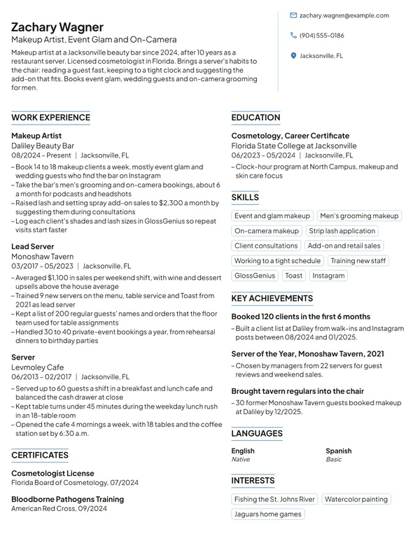 Career Change Makeup Artist resume example