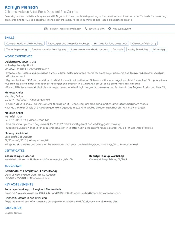 Celebrity Makeup Artist resume example