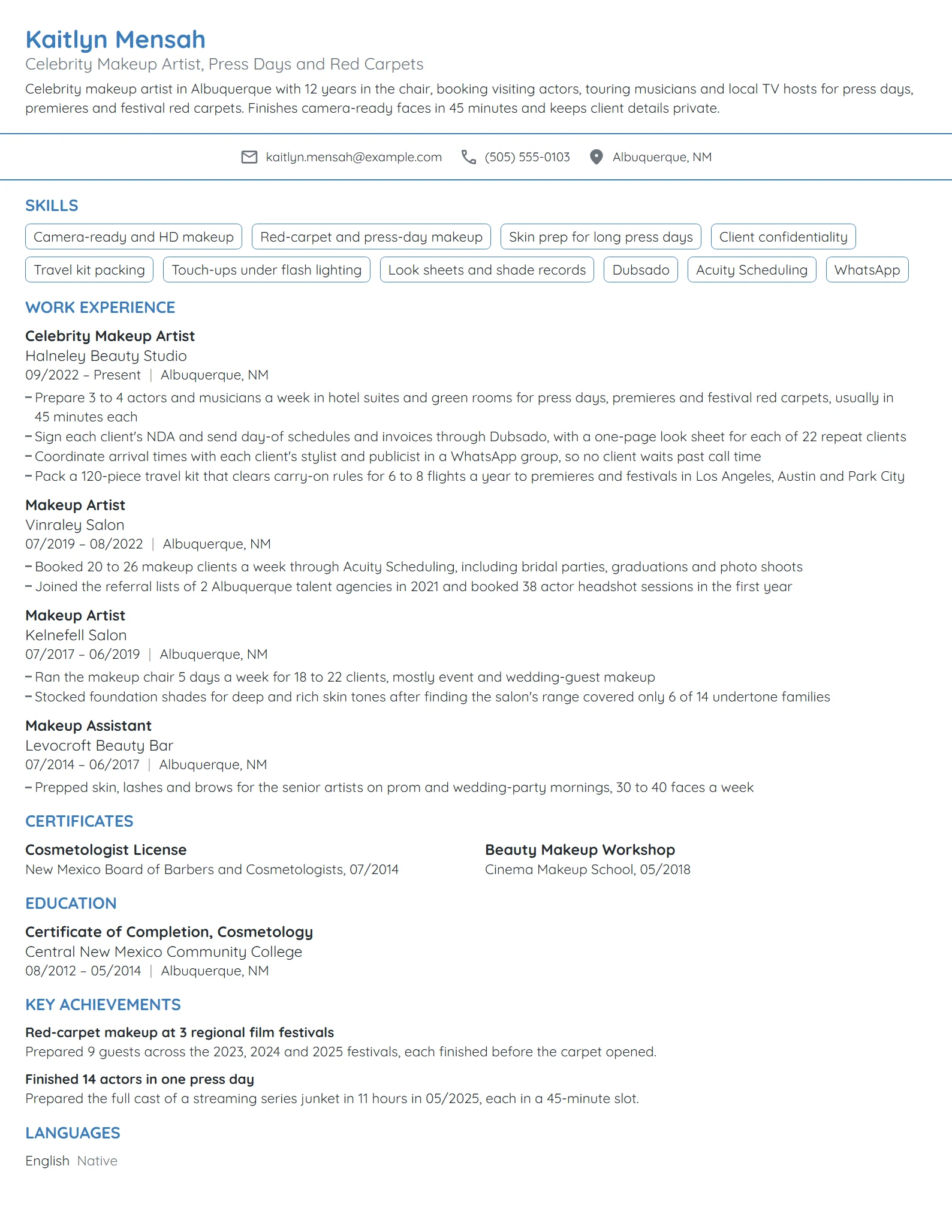 Celebrity Makeup Artist resume example