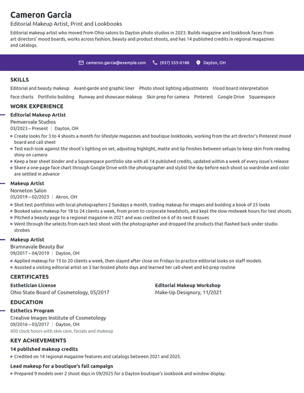 Editorial Makeup Artist resume example