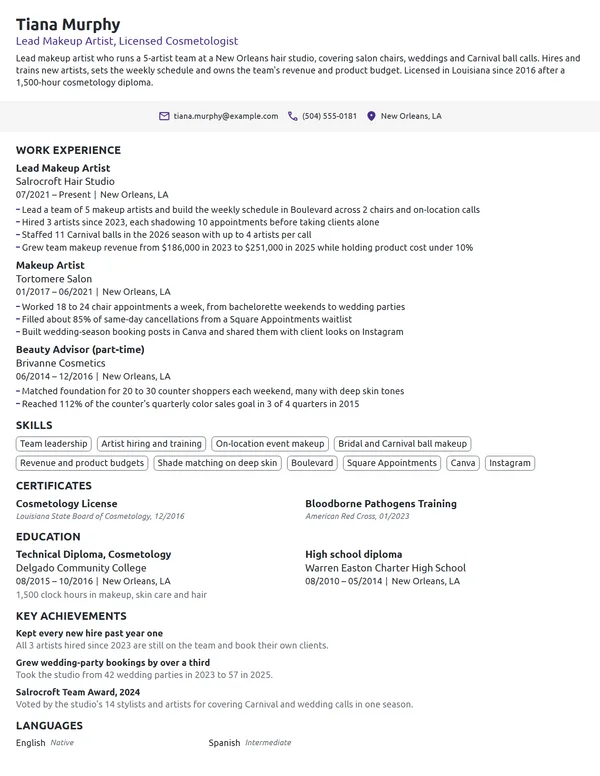 Lead Makeup Artist resume example