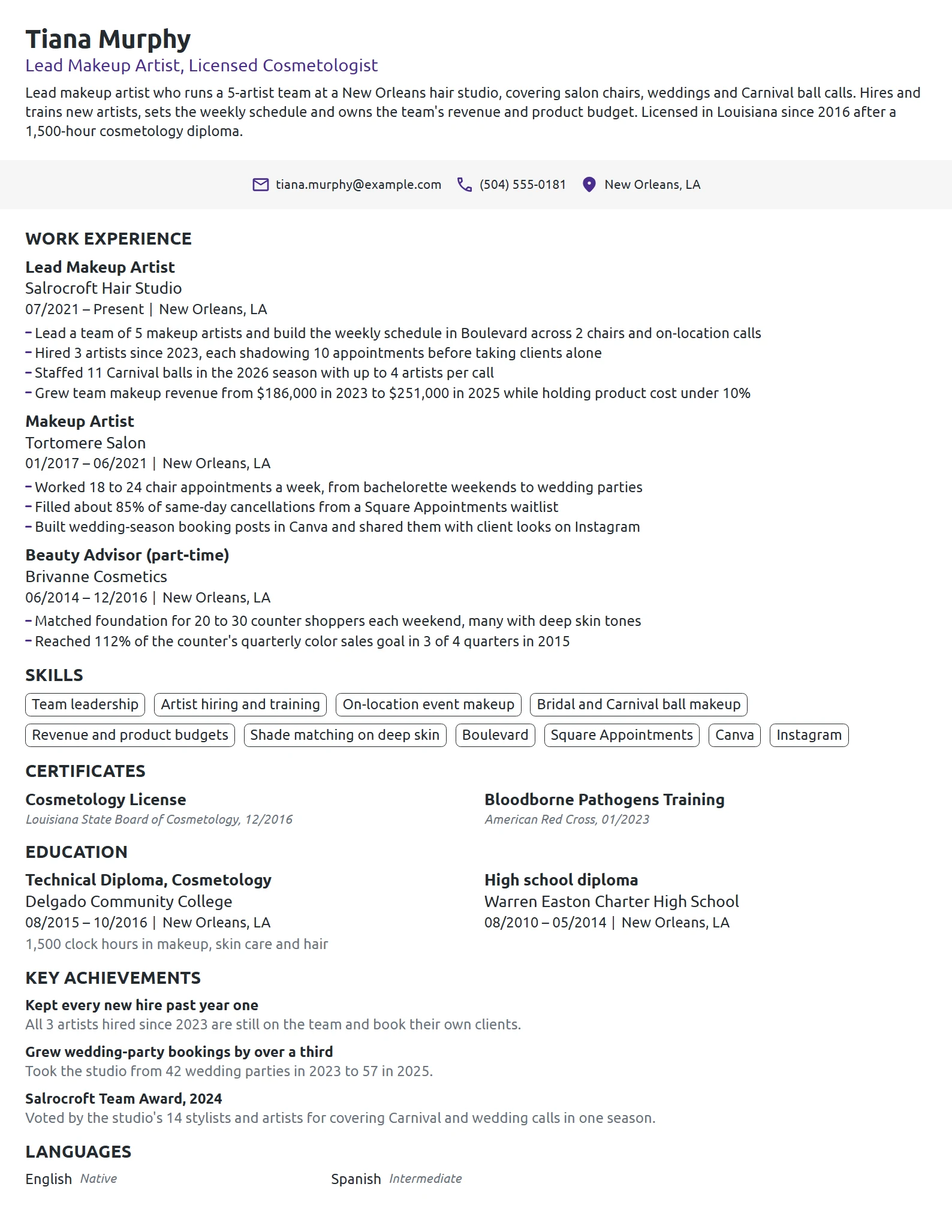 Lead Makeup Artist resume example