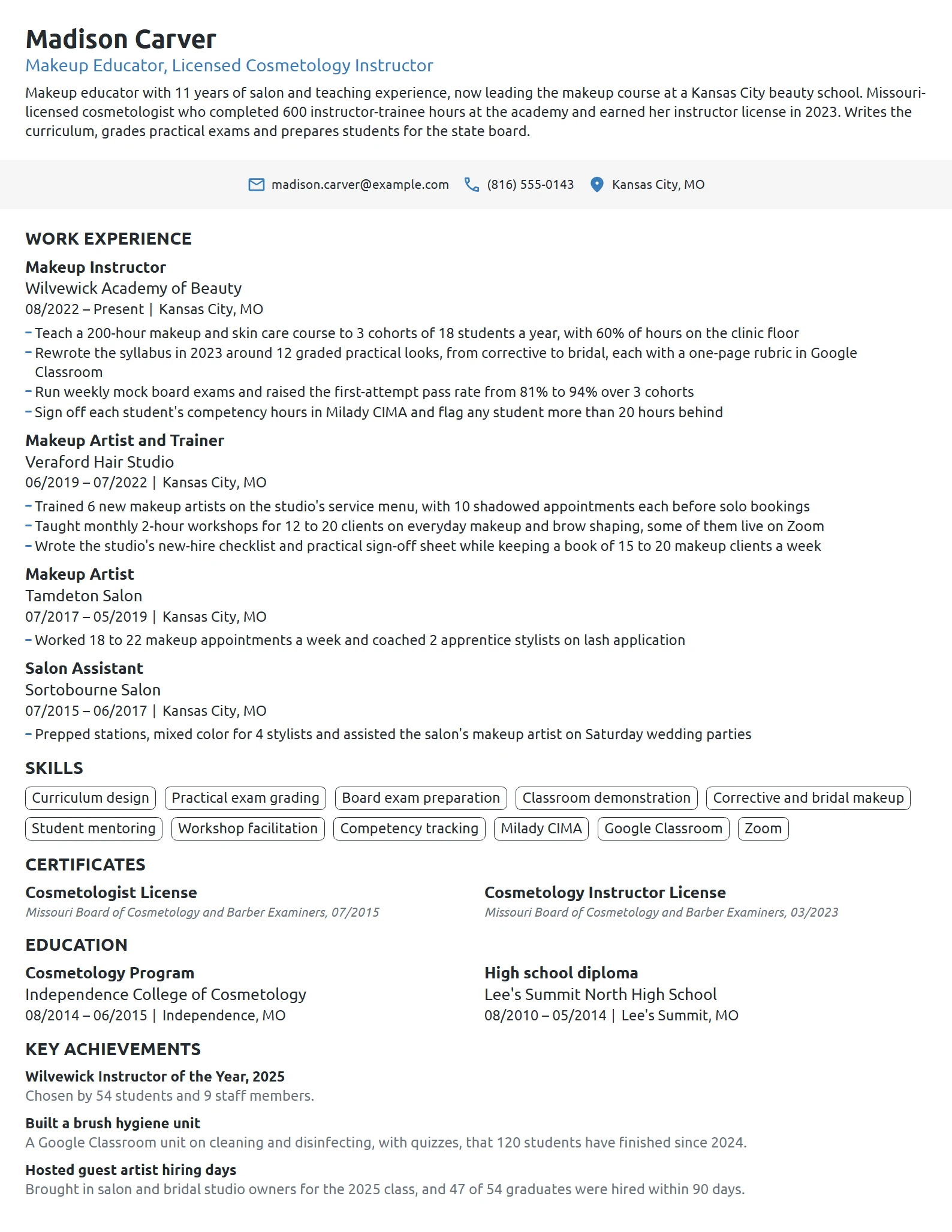 Makeup Educator resume example