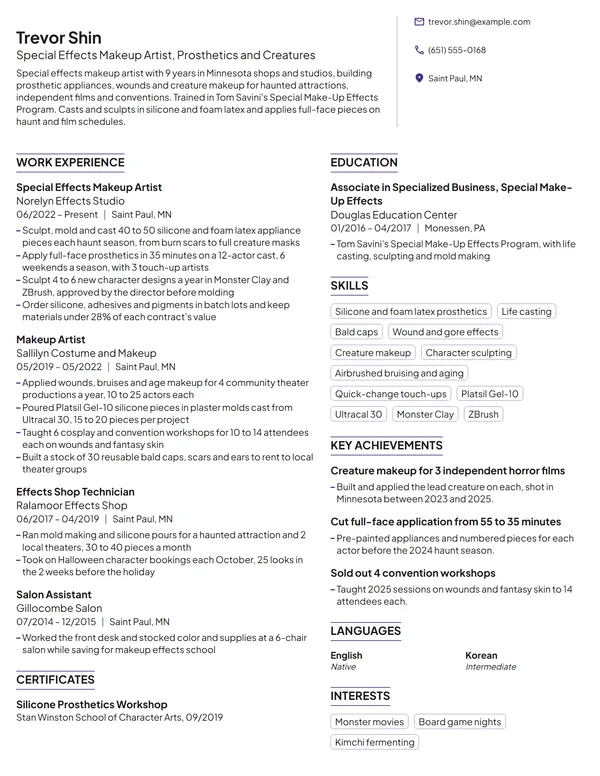 Special Effects Makeup Artist resume example