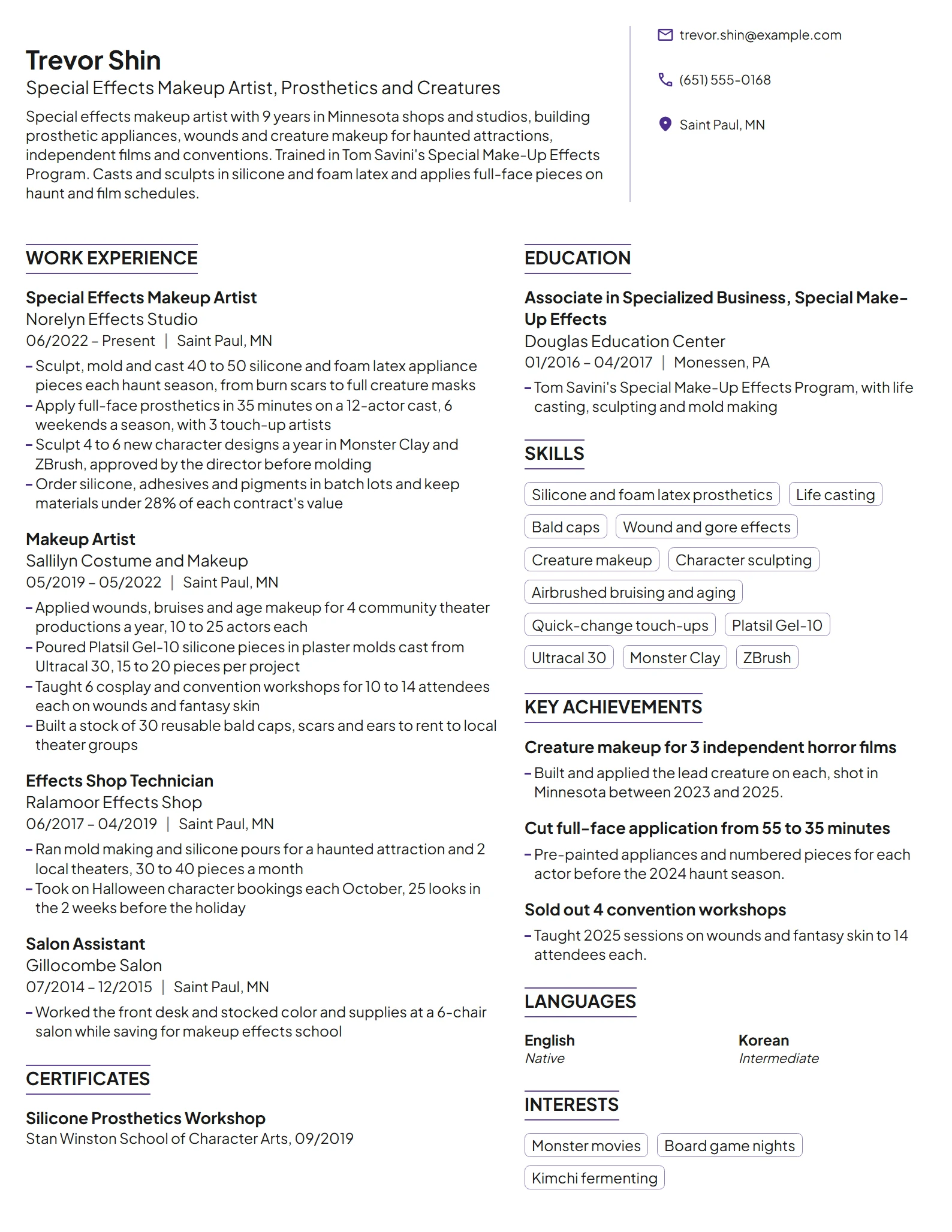 Special Effects Makeup Artist resume example
