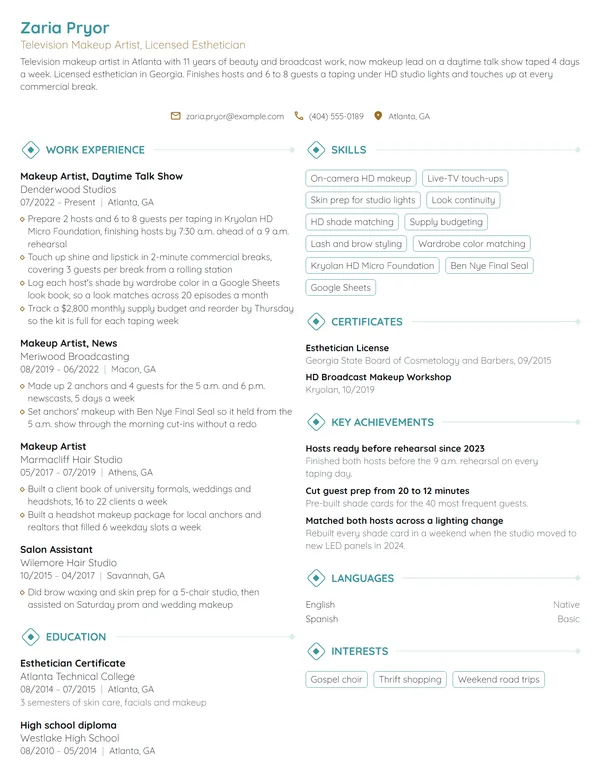 Television Makeup Artist resume example