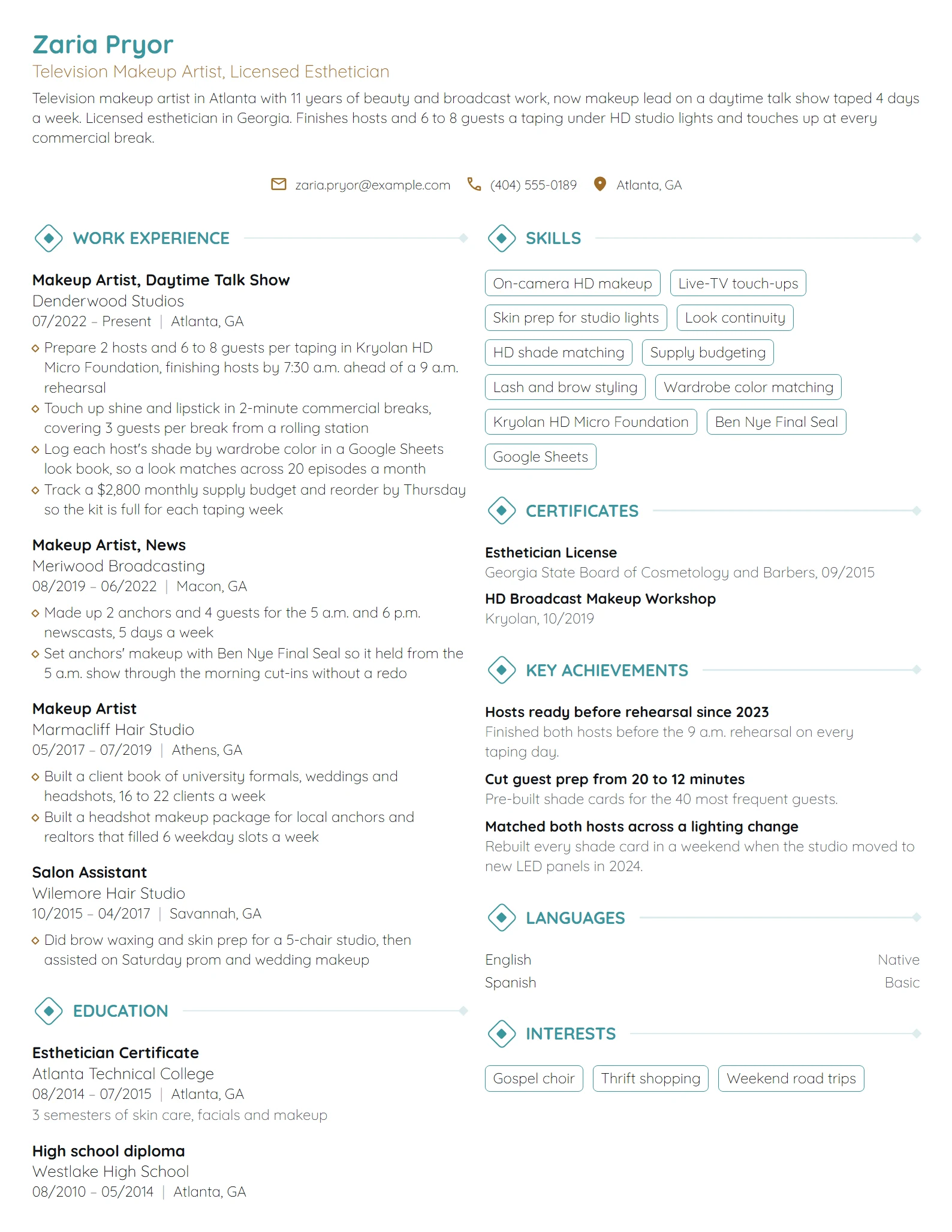 Television Makeup Artist resume example
