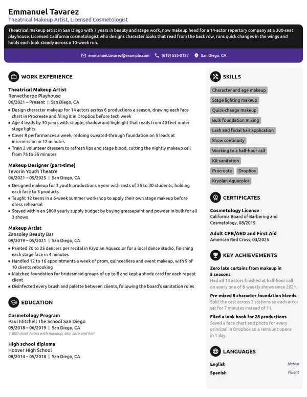 Theatrical Makeup Artist resume example