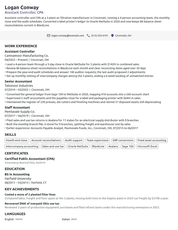 Assistant Controller resume example