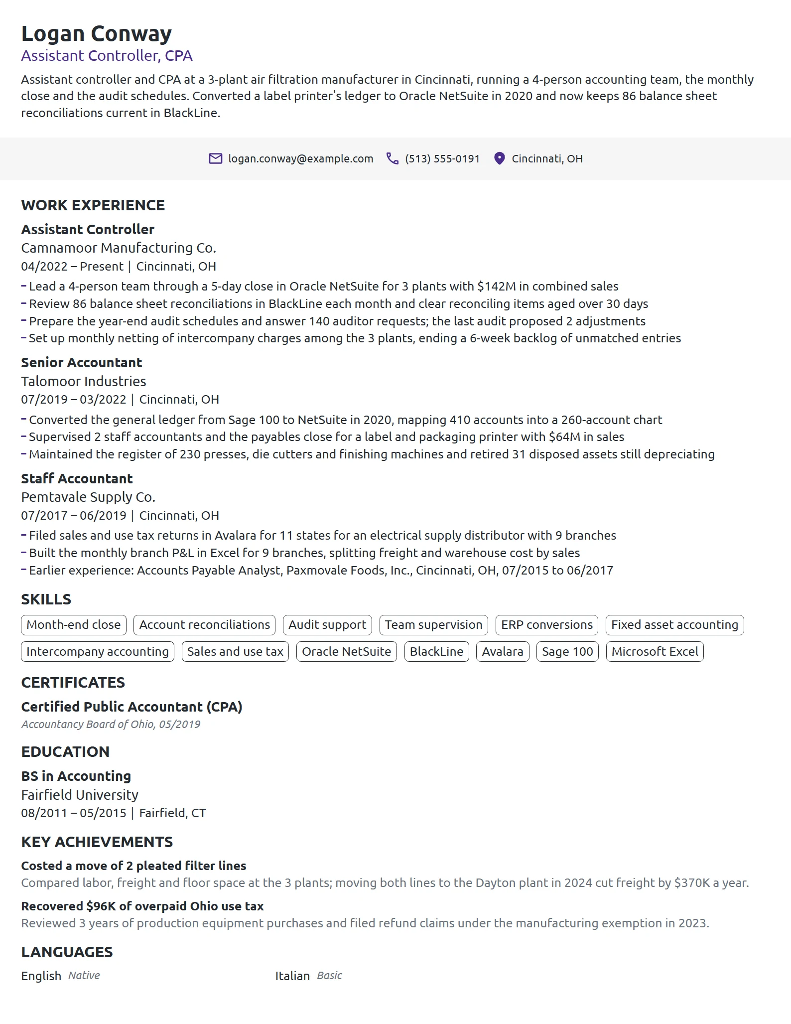 Assistant Controller resume example