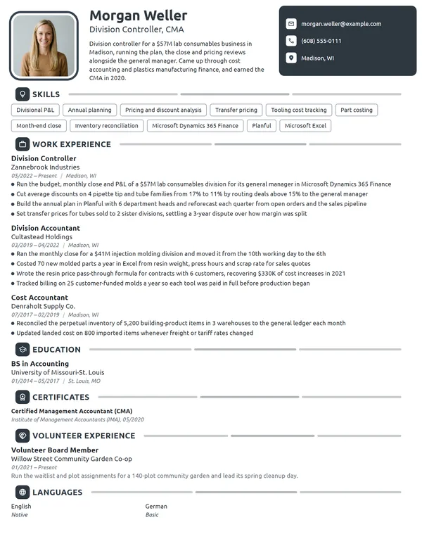 Division Controller resume example