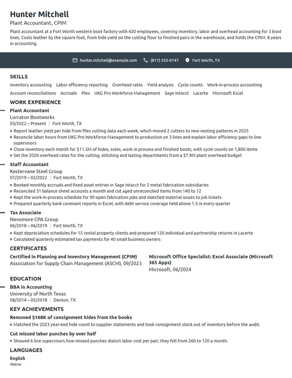Plant Accountant resume example