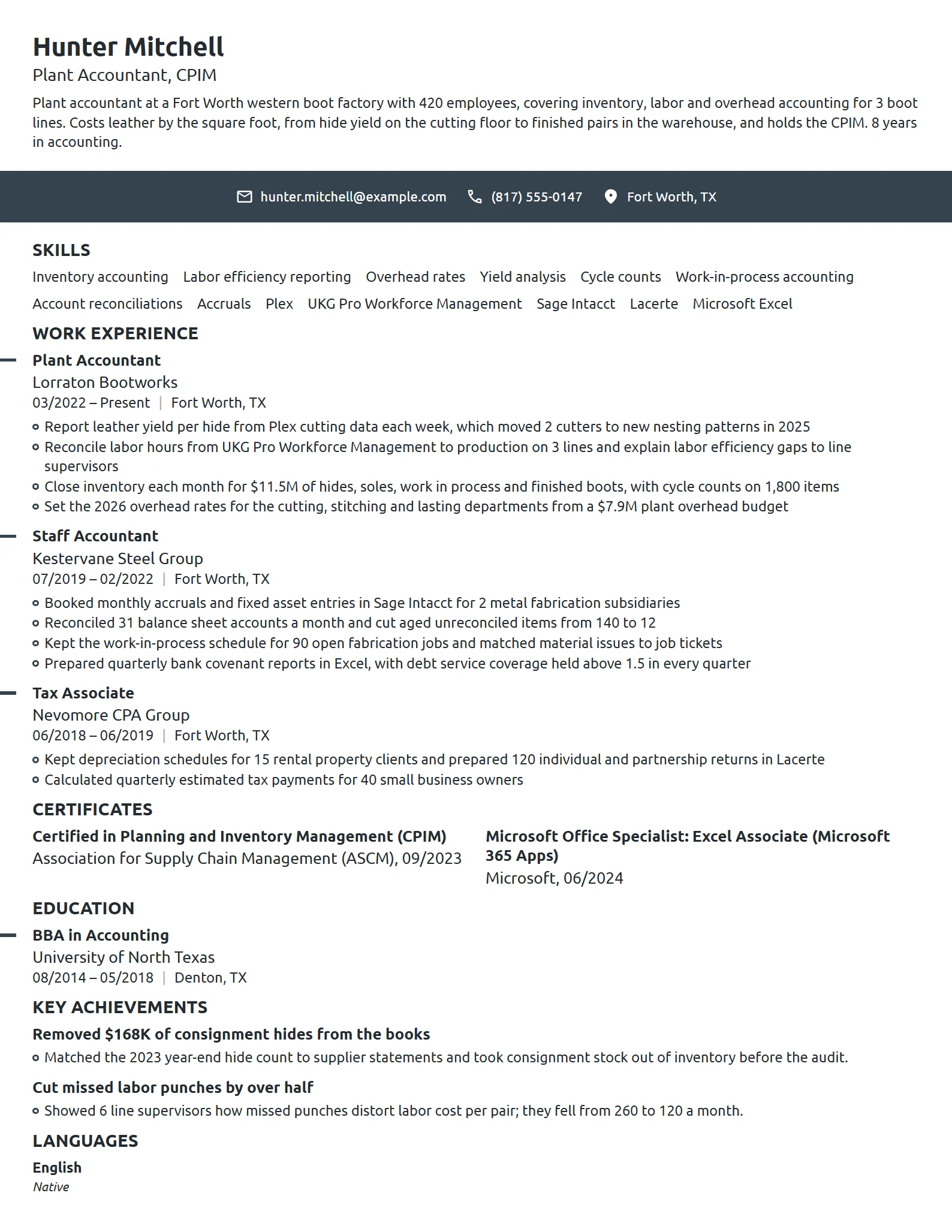 Plant Accountant resume example