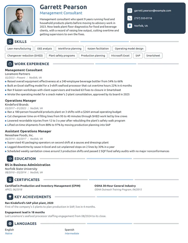 Career Change Management Consultant resume example