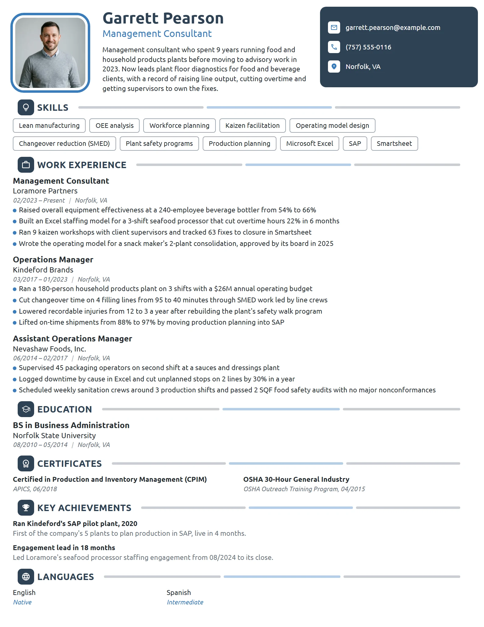 Career Change Management Consultant resume example