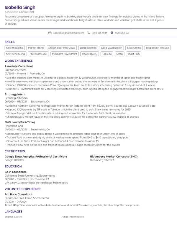 Entry-Level Management Consultant resume example